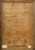 A 19th century sampler worked by Lilly Shand aged 8 years, framed and glazed. 30 x 43 cm overall.