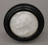 A carved marble roundel formed as a young beard gentleman, framed and glazed. 16 cm wide overall.