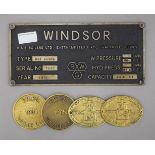 A Windsor metal boiler plaque together with four other smaller heavy cast steam rally plaques, etc.
