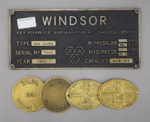 A Windsor metal boiler plaque together with four other smaller heavy cast steam rally plaques, etc.