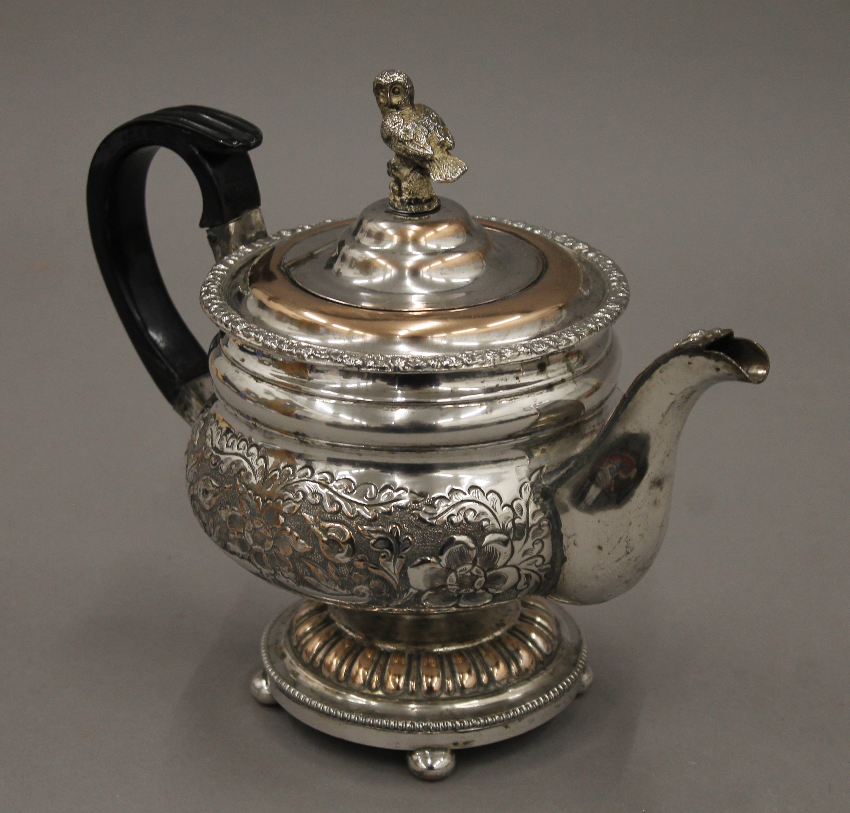 A Victorian three-piece ornate silver plated tea set and a tray. - Image 2 of 4