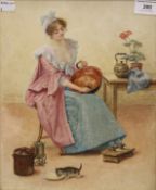 CONTINENTAL SCHOOL (19th century), A Loosely Clad Maid Polishing a Copper Pan to Reveal her Face,