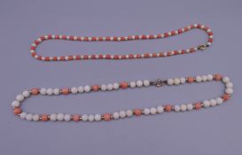 A coral and pearl bead necklace and another similar, each set with a 9 ct gold clasp.