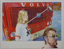 CLIVE WILKINS (born 1954) British, Volvo Girl, gouache, unframed. 56 x 52 cm overall.