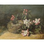 M ENSON, Still Life of Flowers and a Birds Nest, oil on canvas, framed. 24 x 19 cm.