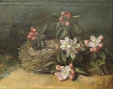 M ENSON, Still Life of Flowers and a Birds Nest, oil on canvas, framed. 24 x 19 cm.