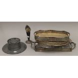 A small quantity of silver plate and a pewter inkwell.