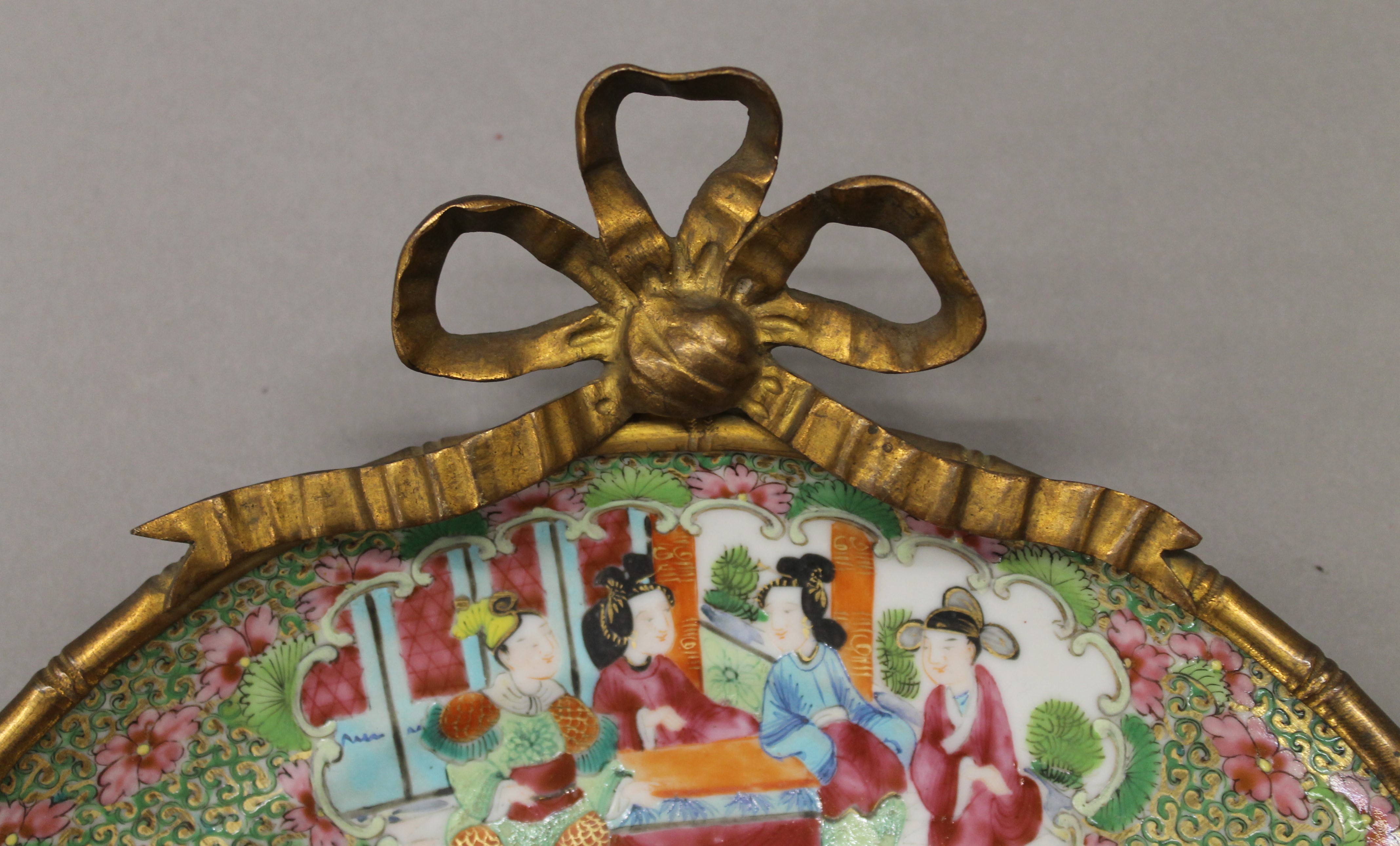 A pair of 19th century ormolu mounted Canton famille rose plates, - Image 3 of 7