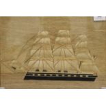 An antique sailors woolwork picture of a Sailing Ship, framed and glazed. 43 x 33 cm overall.