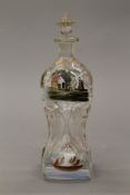 A 19th century painted glass decanter. 27 cm high.