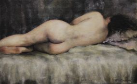 E CARON, Female Rear Nude Study, oil on canvas, unframed. 41 x 25.5 cm.