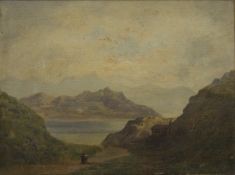 19TH CENTURY SCHOOL, Figures Before a Loch and Mountains, oil on board, framed. 33 x 24.5 cm.