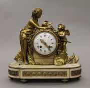 A 19th century ormolu and marble mantle clock. 33 cm high.