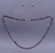 A 14 ct gold mounted black pearl necklace and earrings. The former 44 cm long.