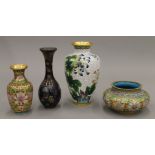 Four various cloisonne vases. The largest 18 cm high.