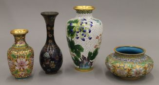 Four various cloisonne vases. The largest 18 cm high.