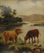 G REID, Highland Cattle, oil on board, signed and dated 1915 to reverse, framed. 23.5 x 28.5 cm.