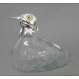 A silver plated clear glass duck decanter. 19.5 cm long.