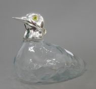 A silver plated clear glass duck decanter. 19.5 cm long.