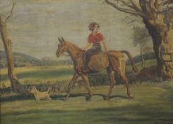 W E LORD (early 20th century), Young Girl Riding a Brown Mare, oil on board, framed. 53.5 x 39 cm.