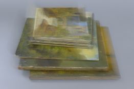 Seven various 19th and 20th century oil paintings, depicting various scenes. The largest 30.5 x 25.