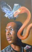 CLIVE WILKINS (born 1954) British, a Man, a Flamingo and a Blue Bird, watercolour and gouache,