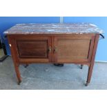Edwardian mahogany inlaid marble top wash stand enclosed by two panel doors and towel rails, on