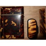 A Victoria tortoiseshell card case with hinged lid and white metal inlay (lid A/F), and a
