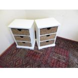 Pair of white painted three sectional bedside type chests with pull out rattan drawers, W44cm