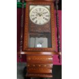 Victorian Vienna style wall clock, walnut case decorated with Tunbridge ware, twin train movement