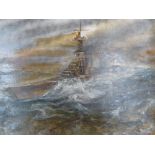 Ted Gray "HMS Hood, 1940" the battle cruiser Hood in stormy seas, titled on reverse, oil on board,