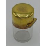 Large Edw. VII clear glass cylindrical scent bottle, silver gilt hinged lid and collar hallmarked