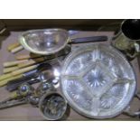 Two Chippendale style silver plated circular salvers, an hors d'oeuvres dish, mug, cutlery, set of