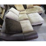 Large distressed brown leather corner sofa and matching footstool, brown velour loose cushion (