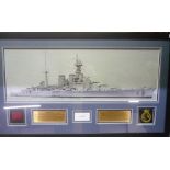 Large framed display for HMS Hood, featuring a large black and white photograph of the ship, a