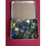 Collection of vintage marbles, approx. 38 in J & F Bell Tobacco tin