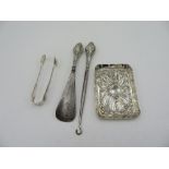 Pair of Victorian hallmarked silver sugar tongs, Sheffield 1894, an Edwardian silver rectangular pin