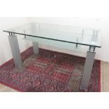 Contemporary rectangular dining table, plate glass top with under tier on four brushed metal