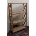 Set of oak four tier open bookshelves with X side supports (W70cm x H124cm x D30cm)