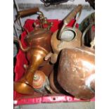 Victorian copper and brass kettle, a copper and brass coal bucket with strapwork decoration, etc