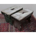 Two rustic stools, rectangular tops pierced with hand grip, W48cm x H35cm x D27cm max. (2)