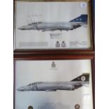 Two framed prints of Phantom aircraft, one of 64 squadron, signed by the 1990 F4 display crew,