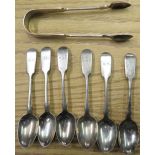 Six hallmarked silver Fiddle pattern teaspoons, London 1871 makers mark CB, and a pair of