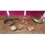 Brass warming pan on turned wooden handle, copper foot warmer, skimmer and oval planter and other