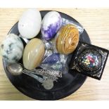 Collection of carved polished hardstone eggs(5), far Eastern souvenir teaspoons (2), cloisonne cat &