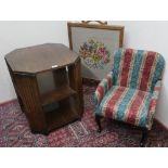 Geo. III style Childs upholstered armchair, a 20th C oak framed wool worked fire screen, a similar