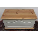 Paint and pine effect blanket box with hinged top on bun feet (W82cm x H45cm x D42cm)