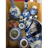 20th C Chinese blue & white bowl decorated with bamboo, and selection of other oriental blue and