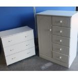 Cream laminate tallboy with single cupboard door, and five short drawers, and a three drawer cream
