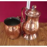 Early 20th C copper flagon, baluster body with loop handle, hinged lid with ring finial, on